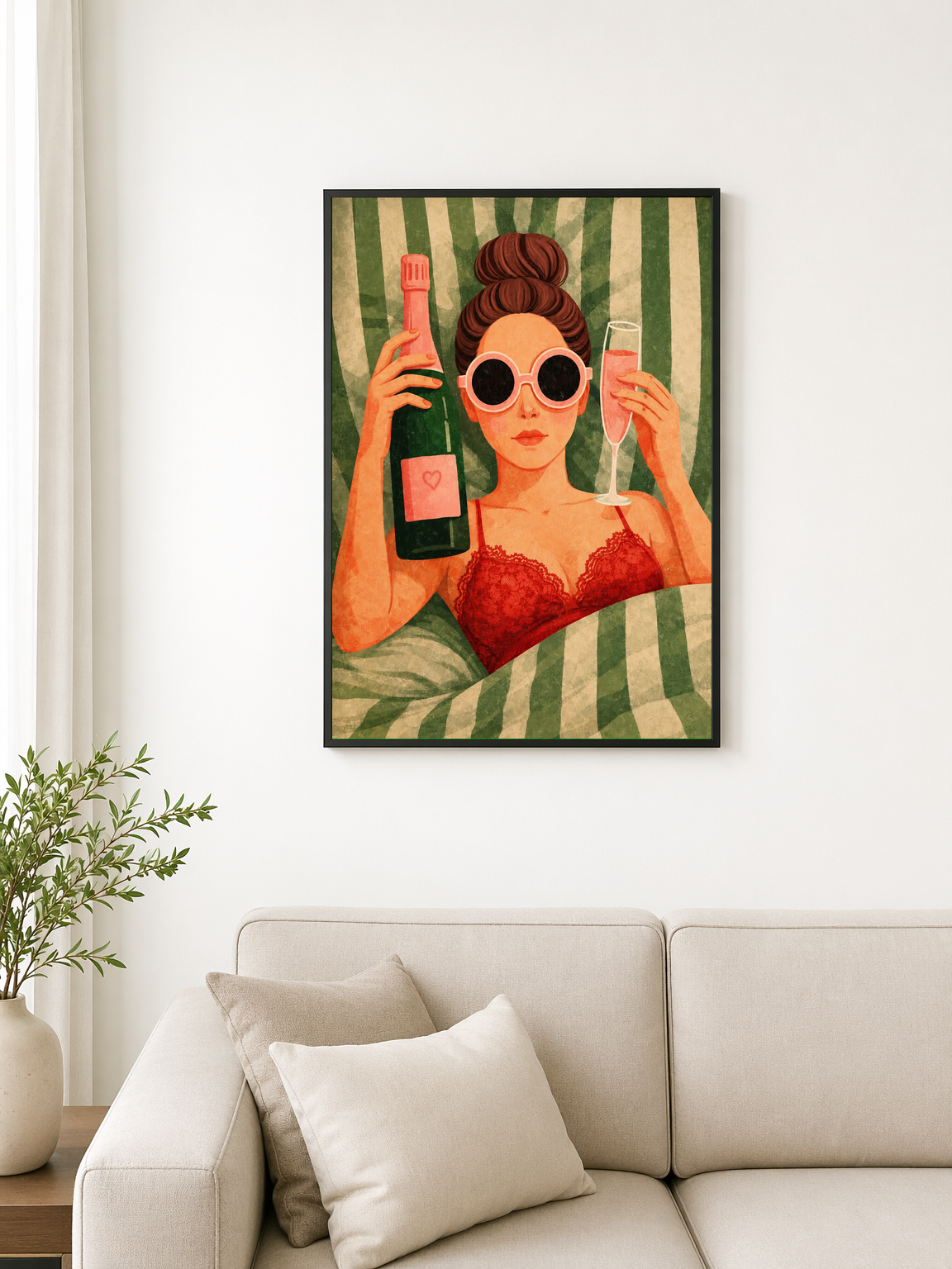 Glam Champagne Girl Wall Art Print - black framed