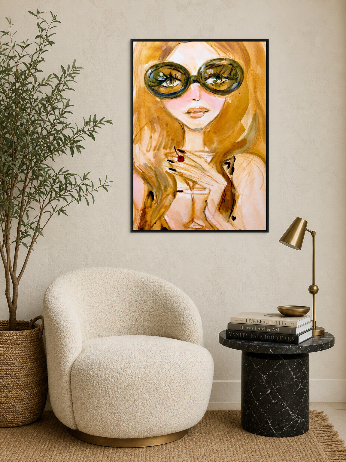Chic Girl Portrait Wall Art Print with Sunglasses - black framed
