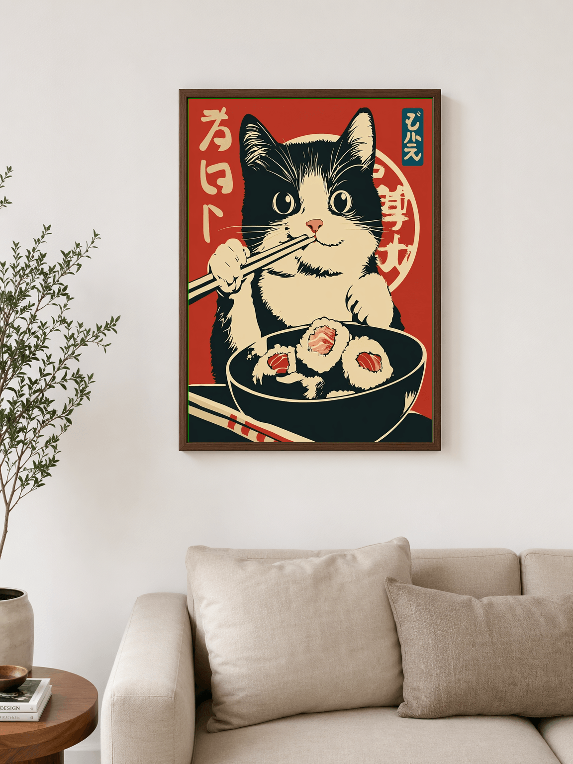 Kawaii Sushi Cat Japanese Wall Art Print - dark wood framed