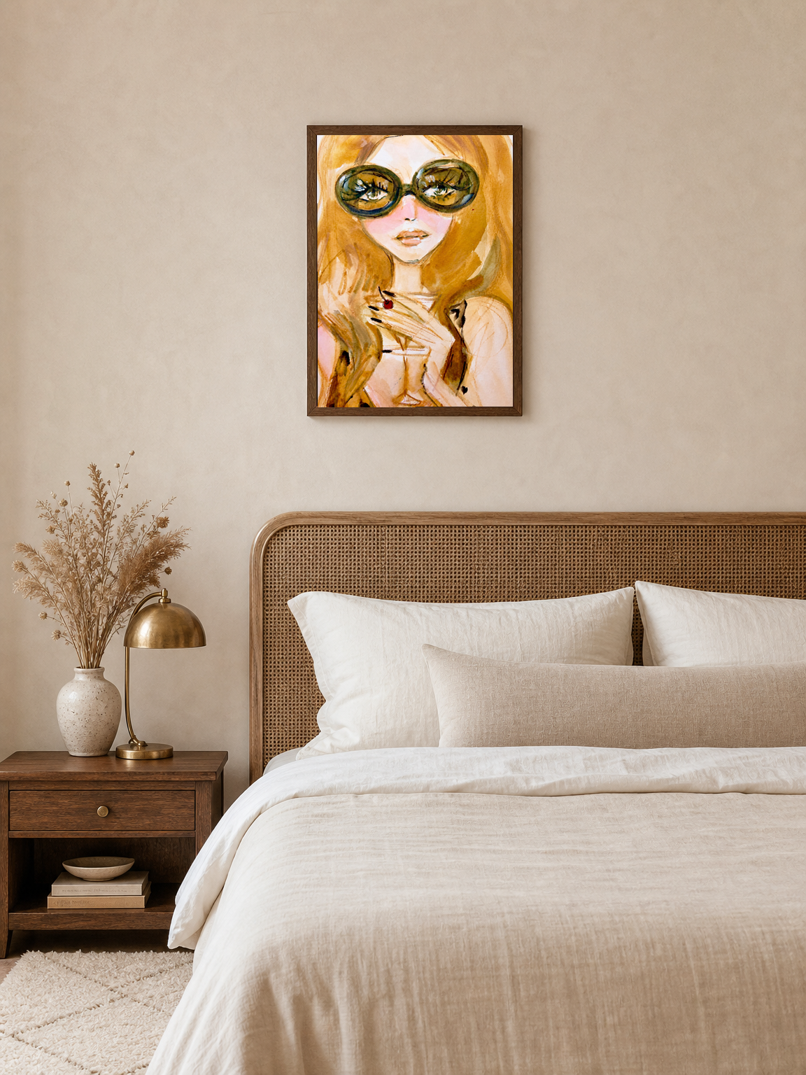 Chic Girl Portrait Wall Art Print with Sunglasses - dark wood framed