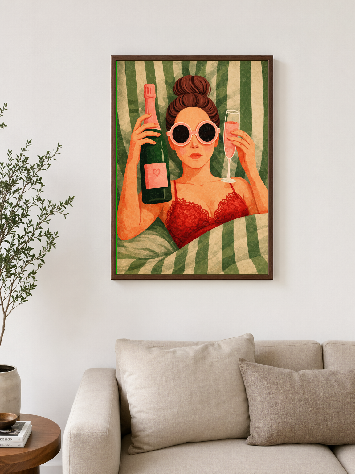 Glam Champagne Girl Wall Art Print - dark wood framed