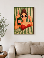 Glam Champagne Girl Wall Art Print - dark wood framed