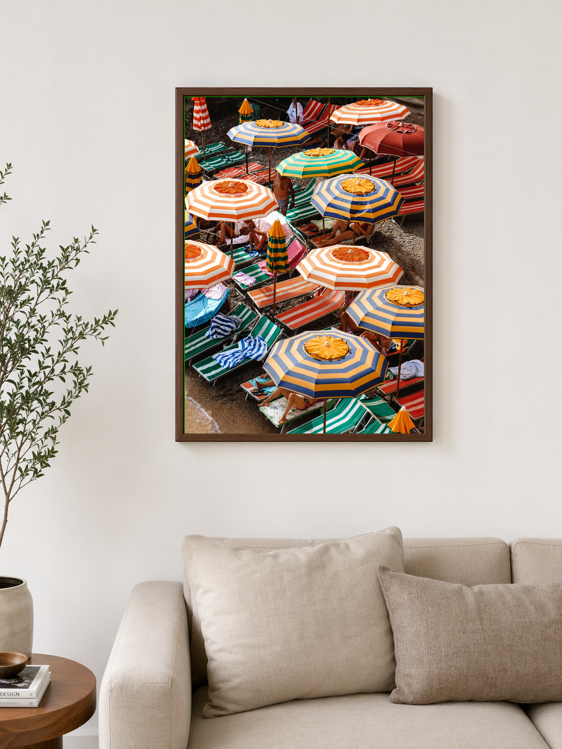 Striped Beach Umbrellas Wall Art Print - dark wood framed