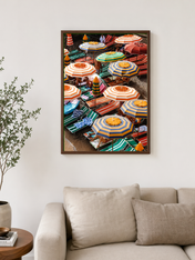 Striped Beach Umbrellas Wall Art Print - dark wood framed