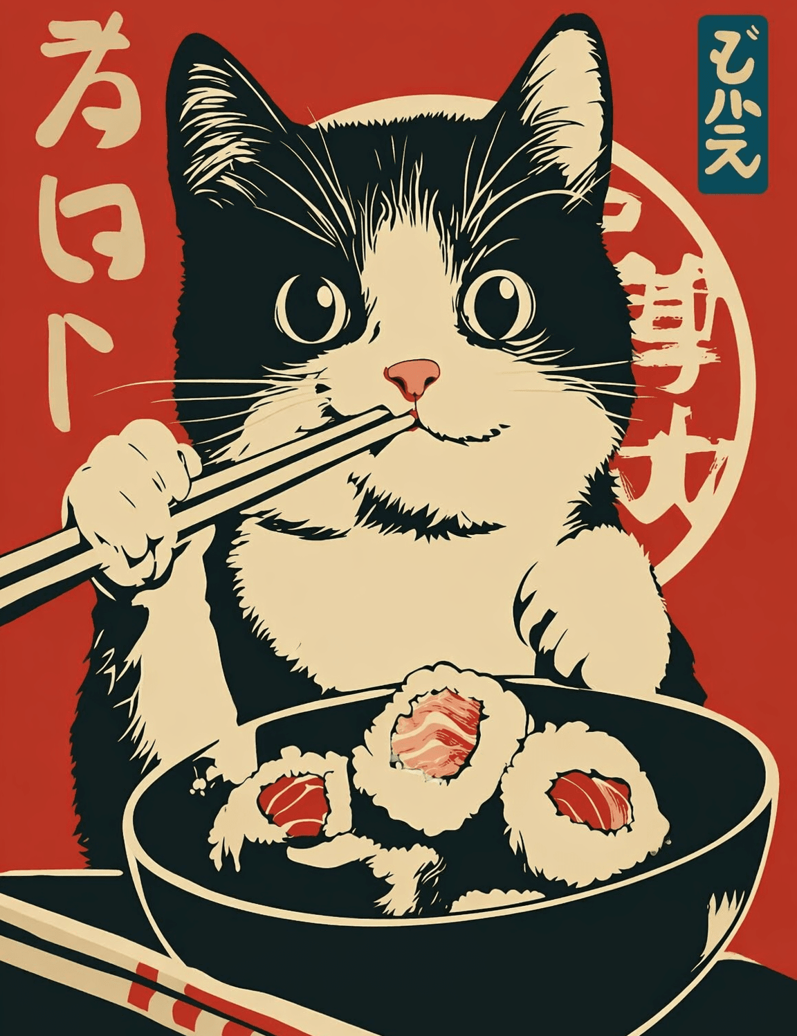 Kawaii Sushi Cat Japanese Wall Art Print - unframed