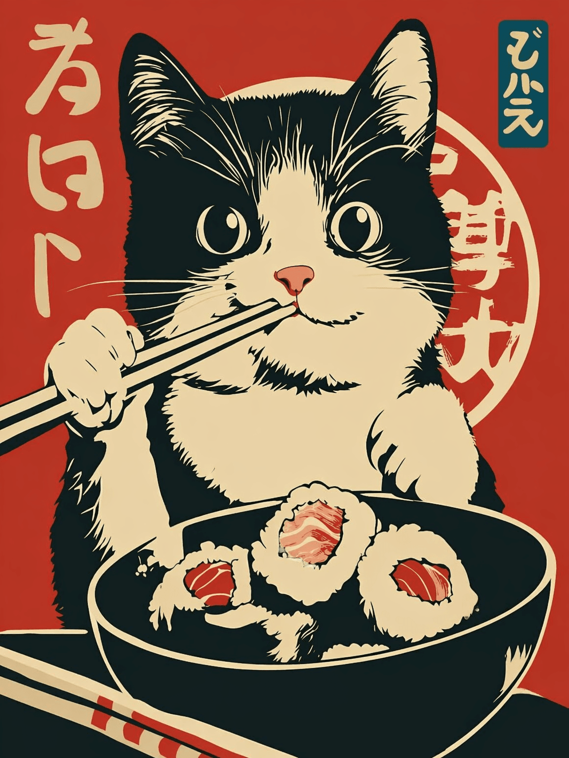 Kawaii Sushi Cat Japanese Wall Art Print - unframed