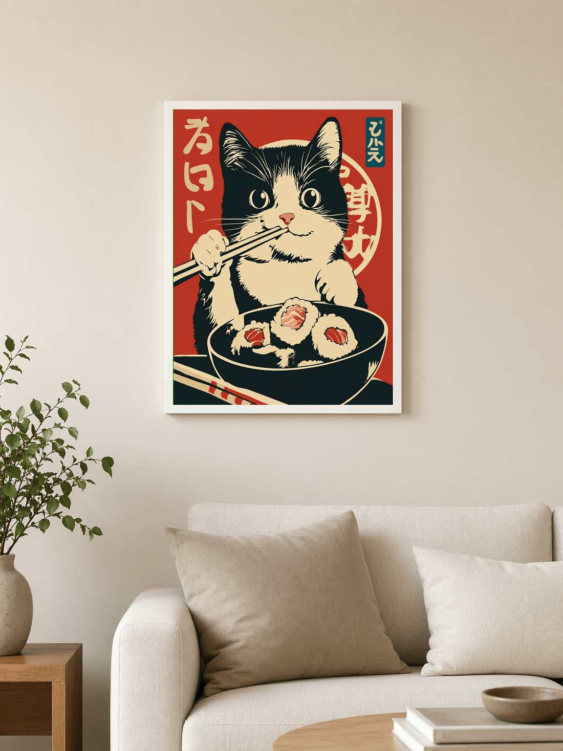 Kawaii Sushi Cat Japanese Wall Art Print - white framed