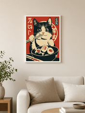Kawaii Sushi Cat Japanese Wall Art Print - white framed