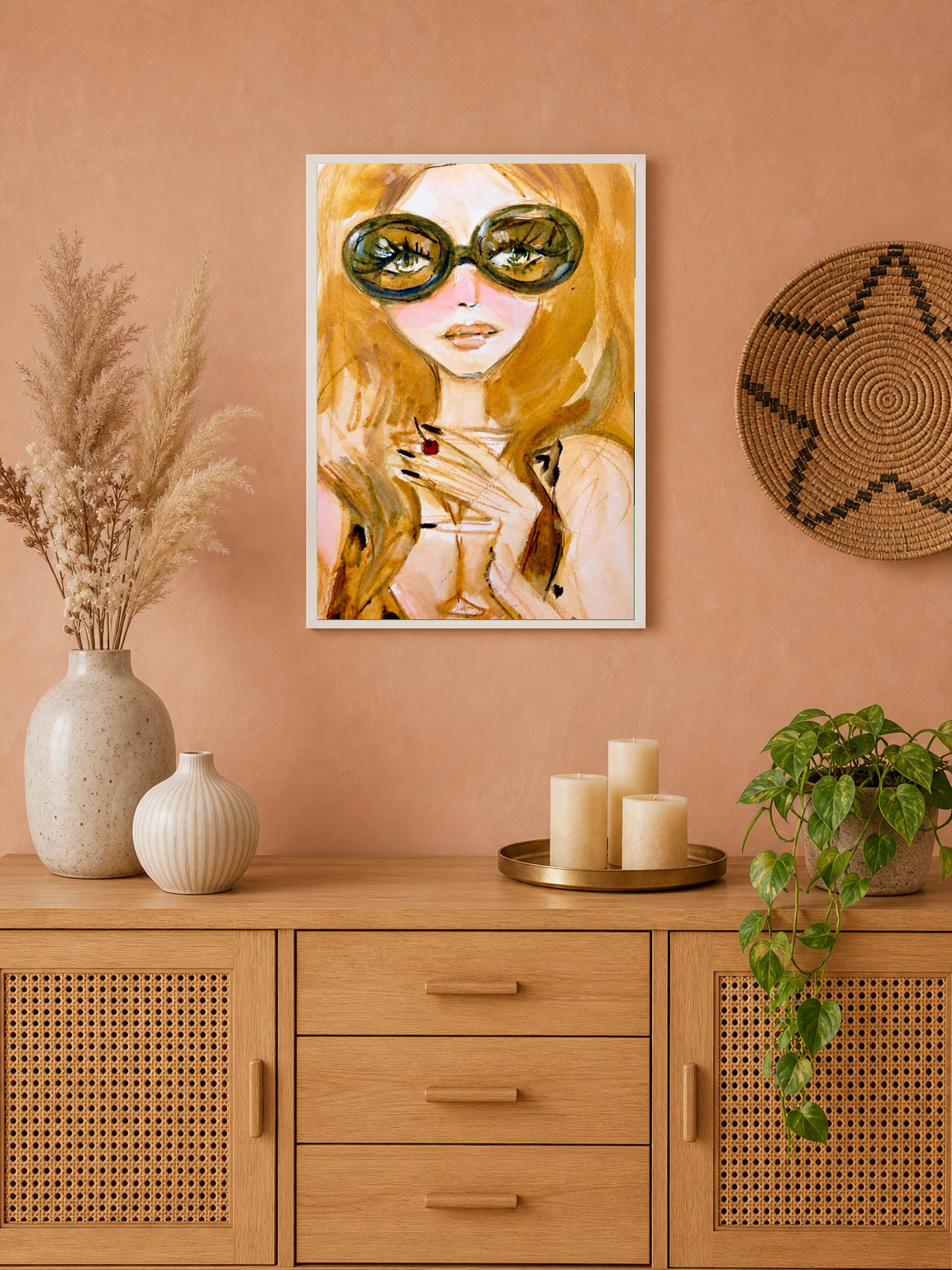 Chic Girl Portrait Wall Art Print with Sunglasses - white framed