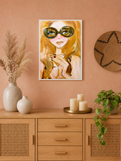 Chic Girl Portrait Wall Art Print with Sunglasses - white framed