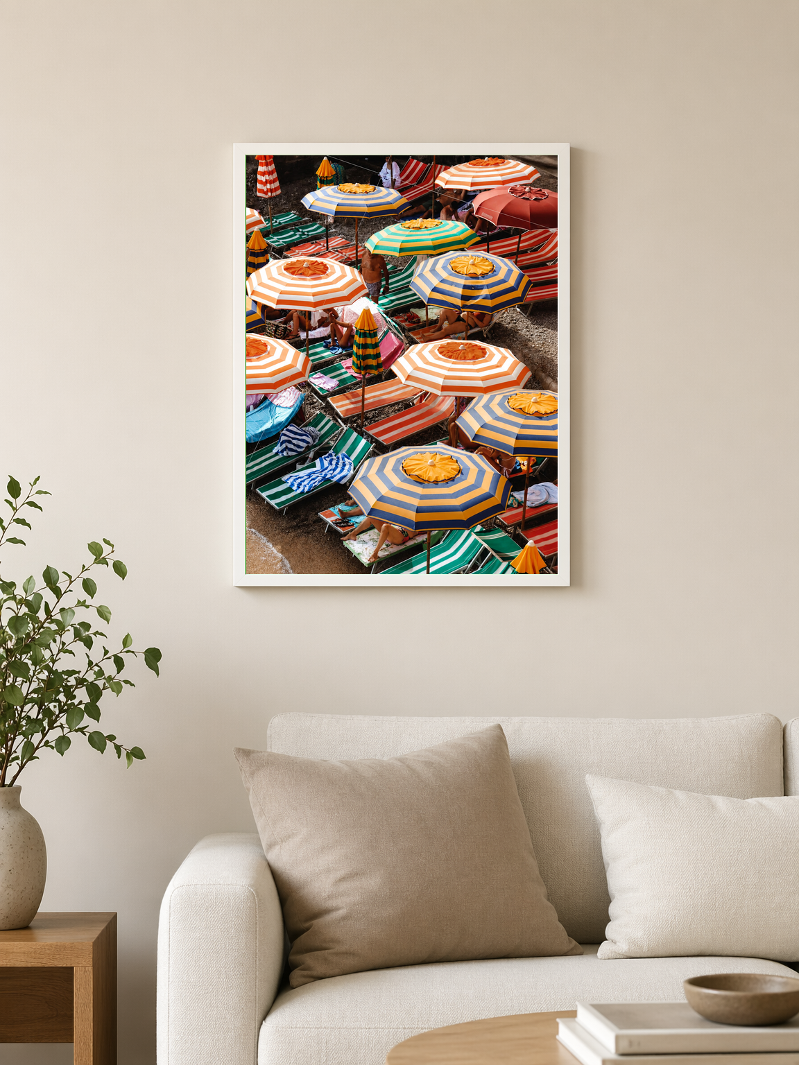 Striped Beach Umbrellas Wall Art Print - white framed
