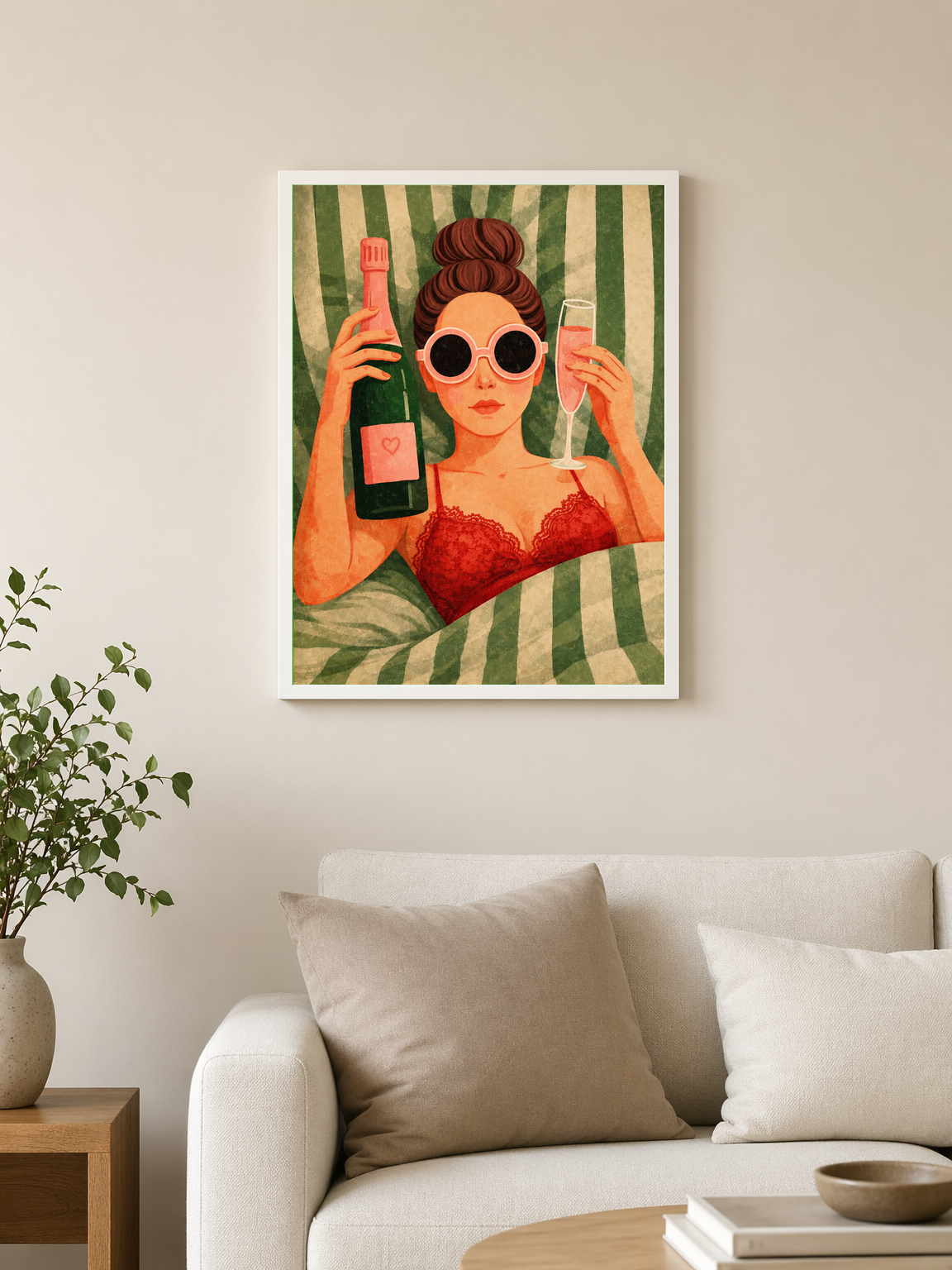 Glam Champagne Girl Wall Art Print - white framed