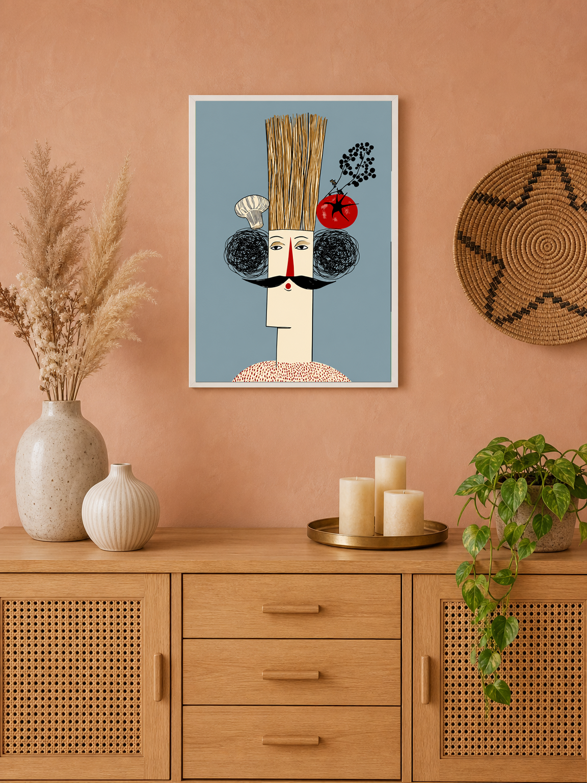 Whimsical Chef Portrait Wall Art Print - white framed