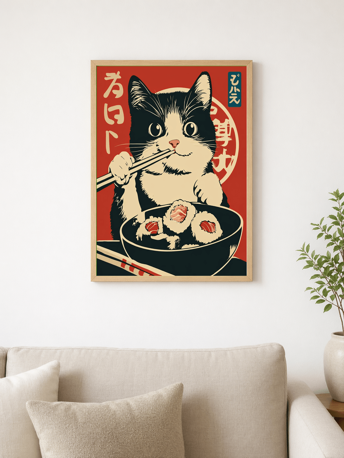 Kawaii Sushi Cat Japanese Wall Art Print - wood framed poster