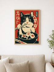 Kawaii Sushi Cat Japanese Wall Art Print - wood framed poster