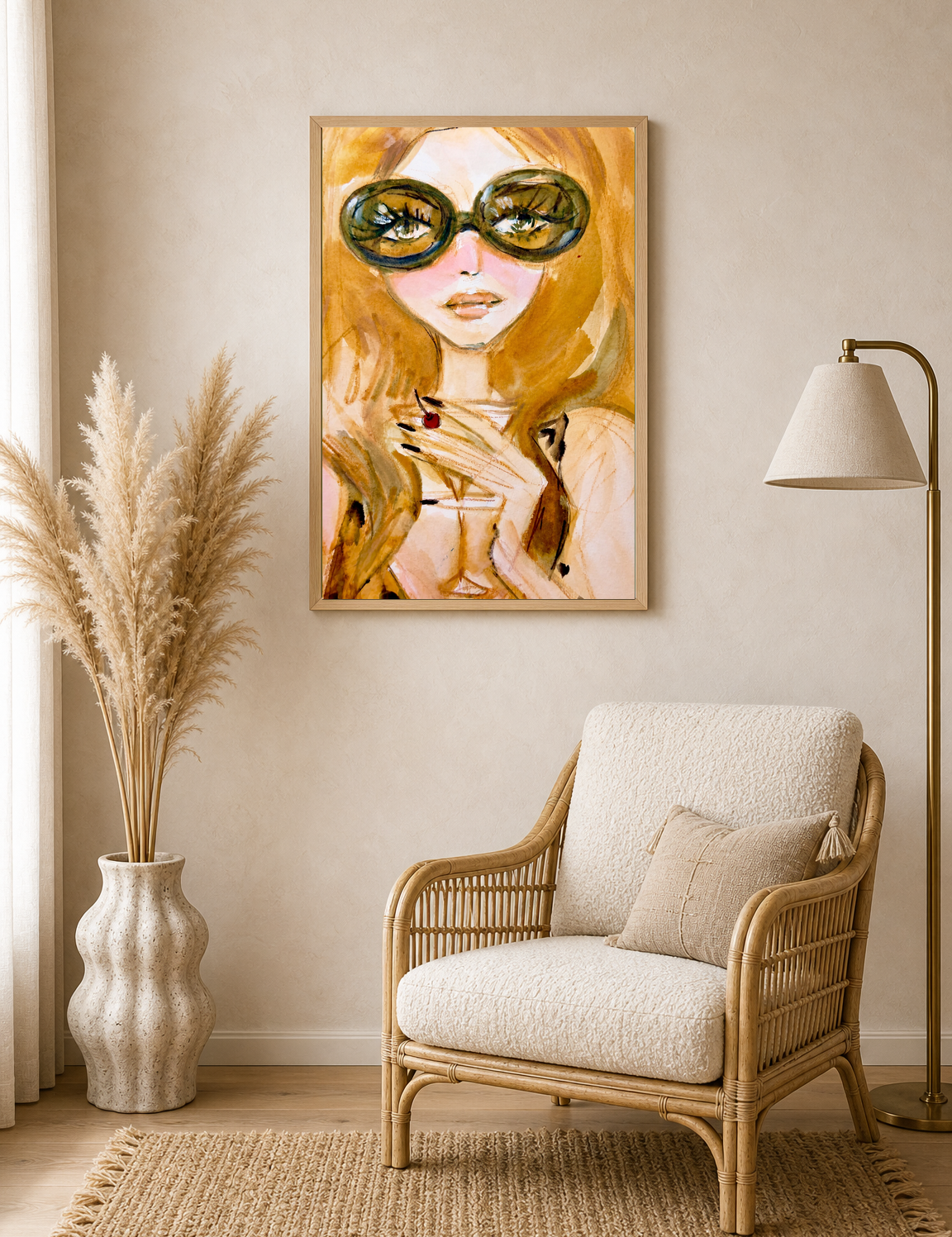 Chic Girl Portrait Wall Art Print with Sunglasses - wood framed poster