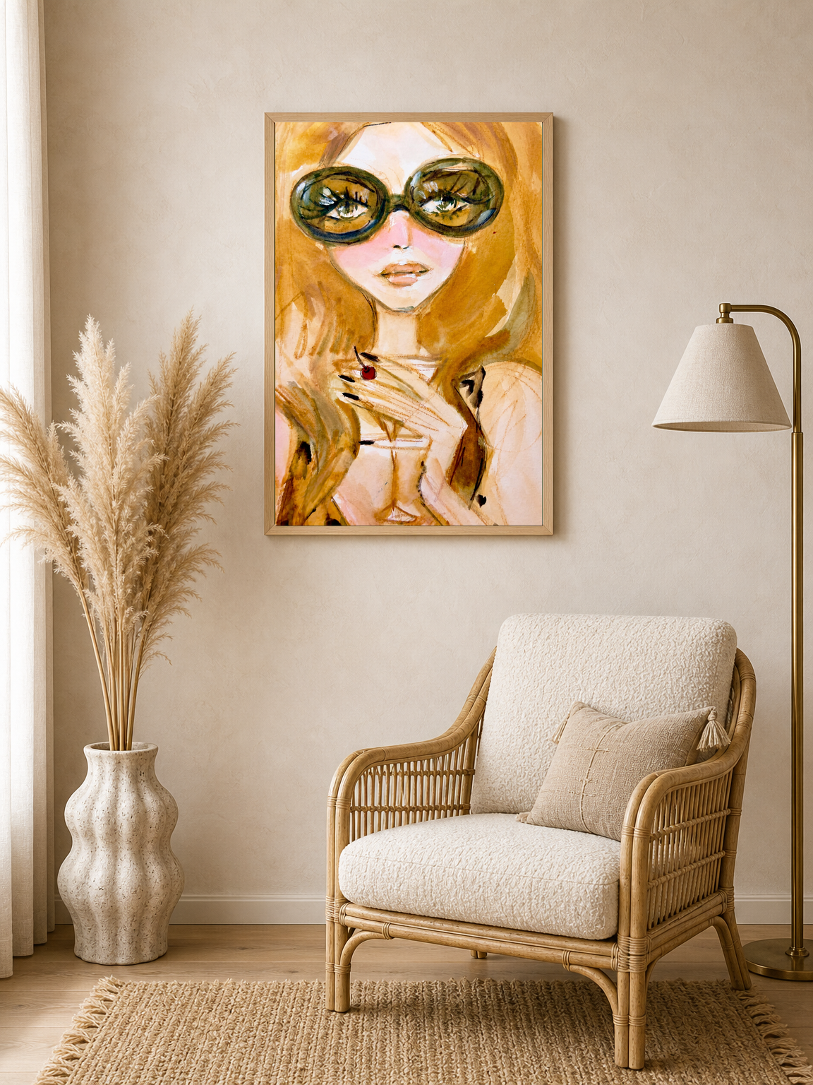 Chic Girl Portrait Wall Art Print with Sunglasses - wood framed poster