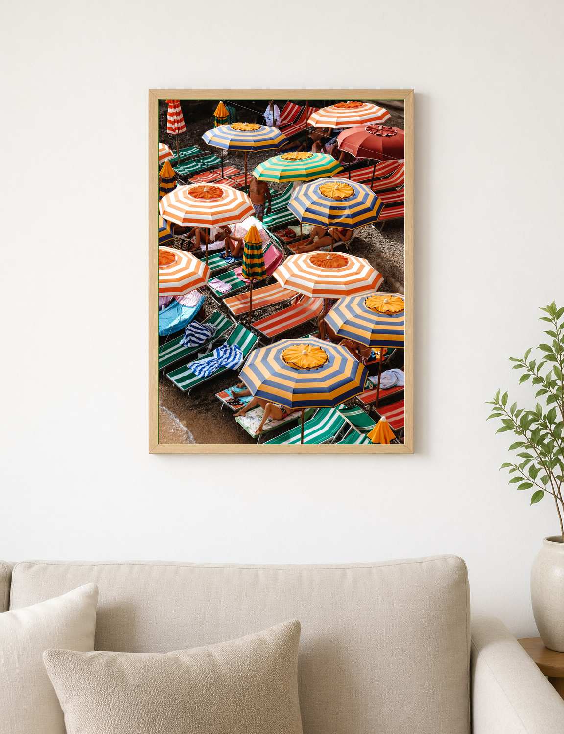 Striped Beach Umbrellas Wall Art Print - wood framed poster