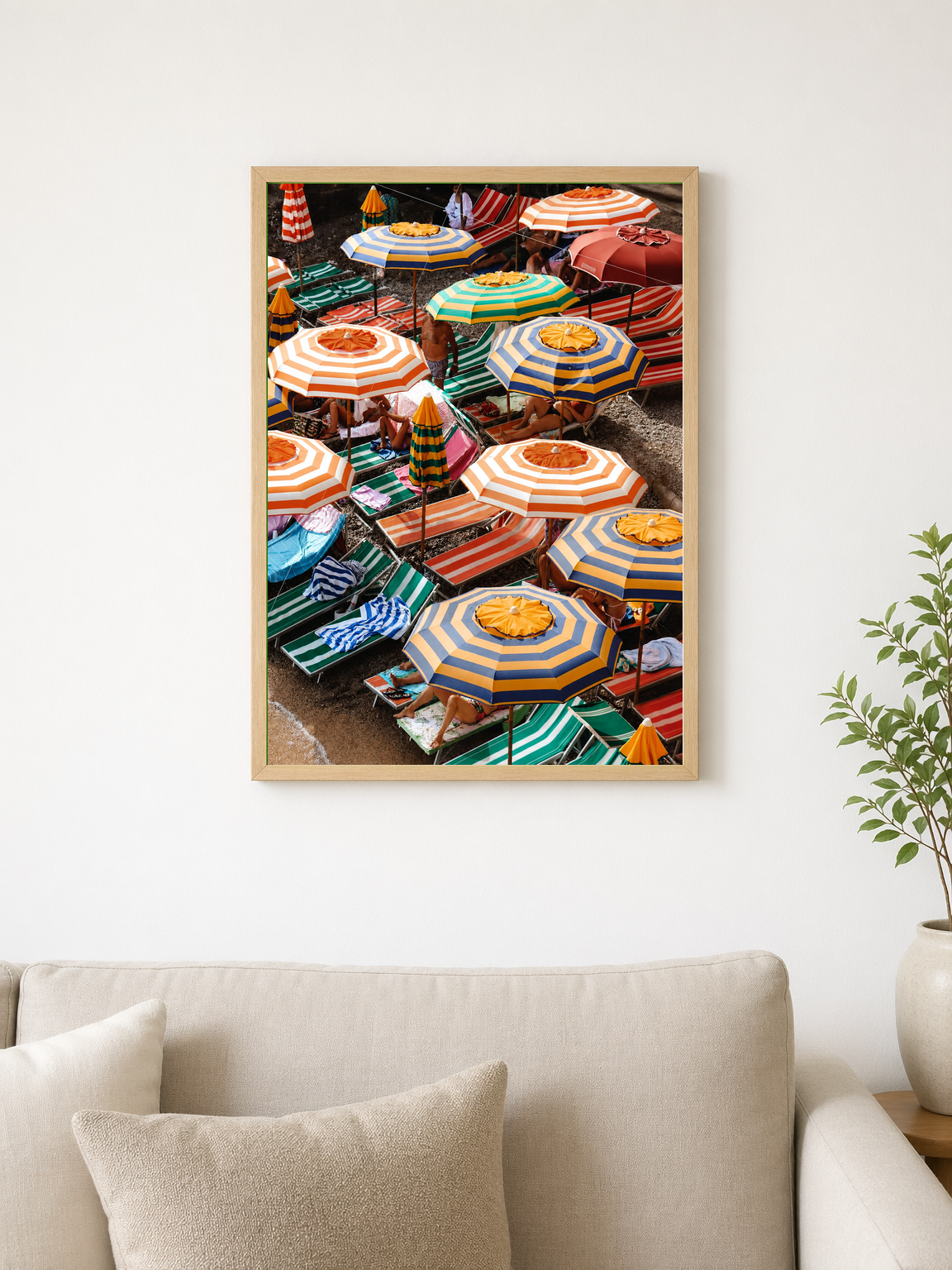 Striped Beach Umbrellas Wall Art Print - wood framed poster