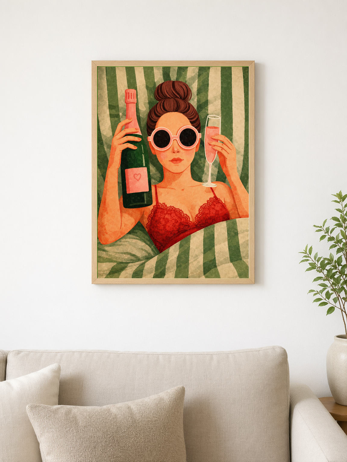 Glam Champagne Girl Wall Art Print - wood framed poster