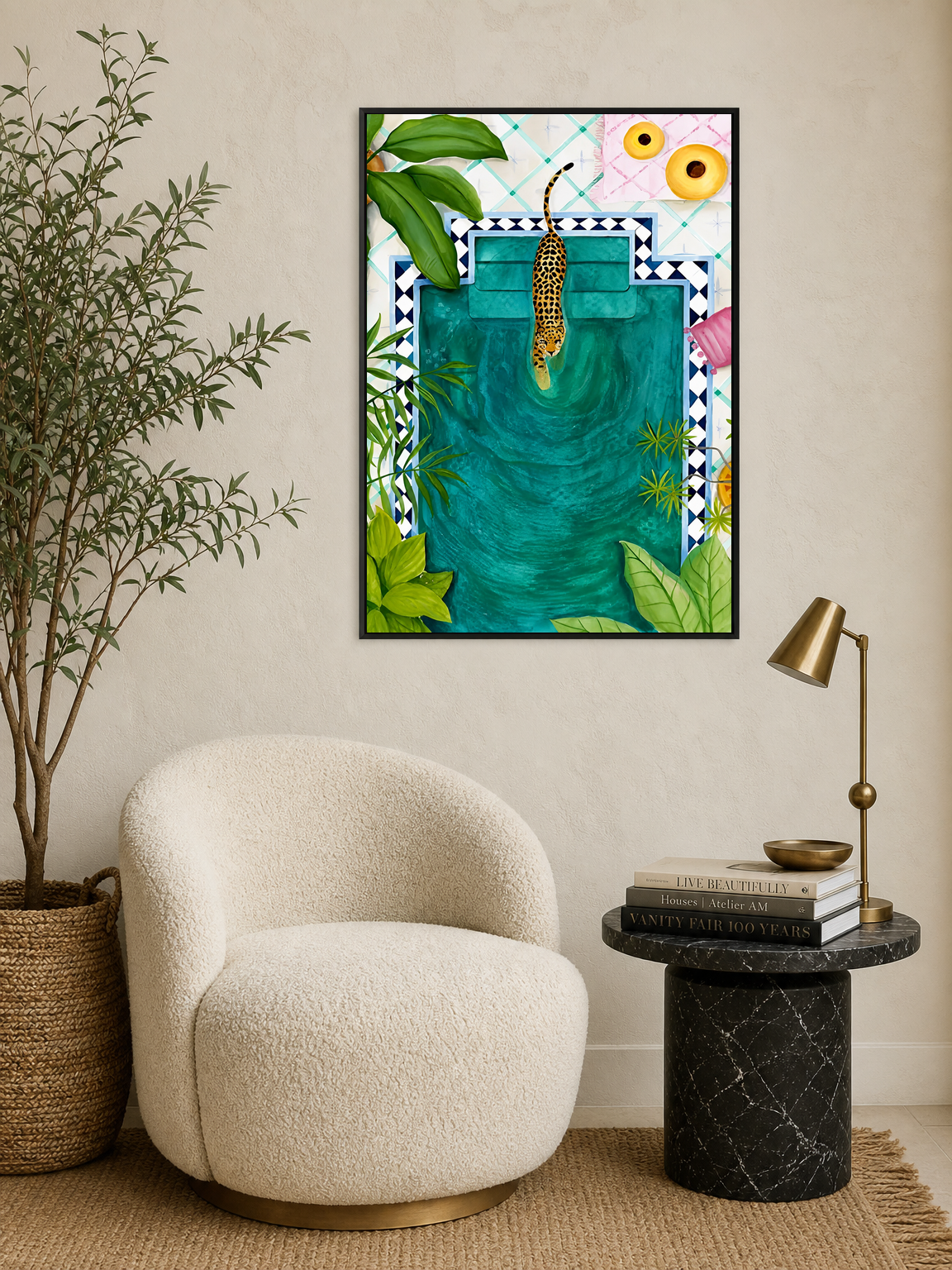 Leopard Poolside Tropical Wall Art Print - black framed