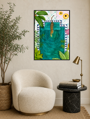 Leopard Poolside Tropical Wall Art Print - black framed