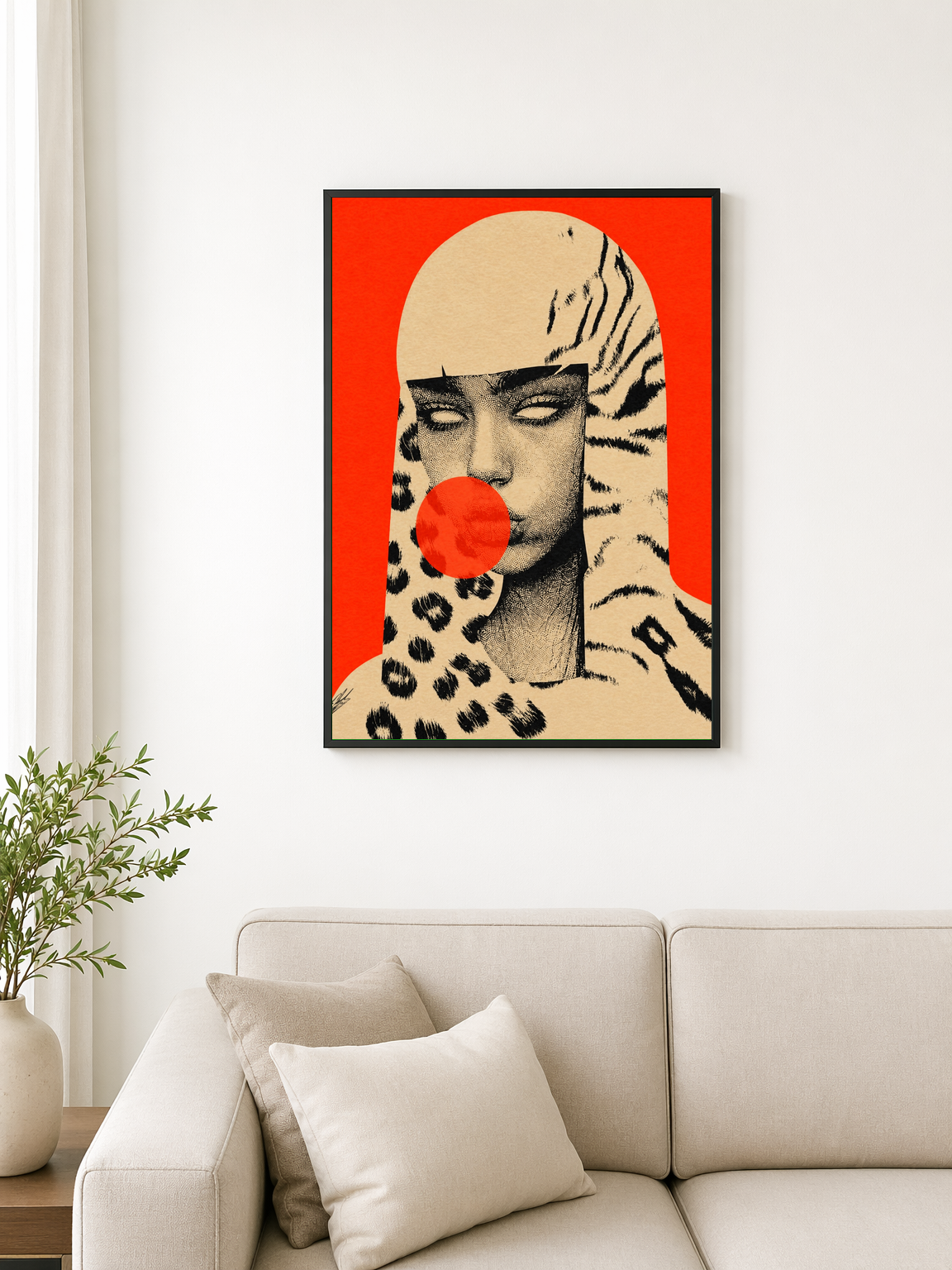 Pop Surreal Leopard Girl Wall Art Print - black framed