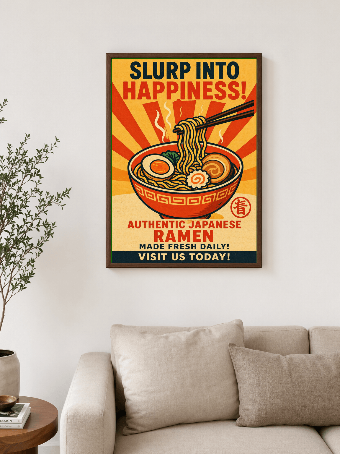 Slurp Into Happiness Japanese Ramen Wall Art Print - dark wood framed