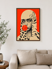 Pop Surreal Leopard Girl Wall Art Print - dark wood framed