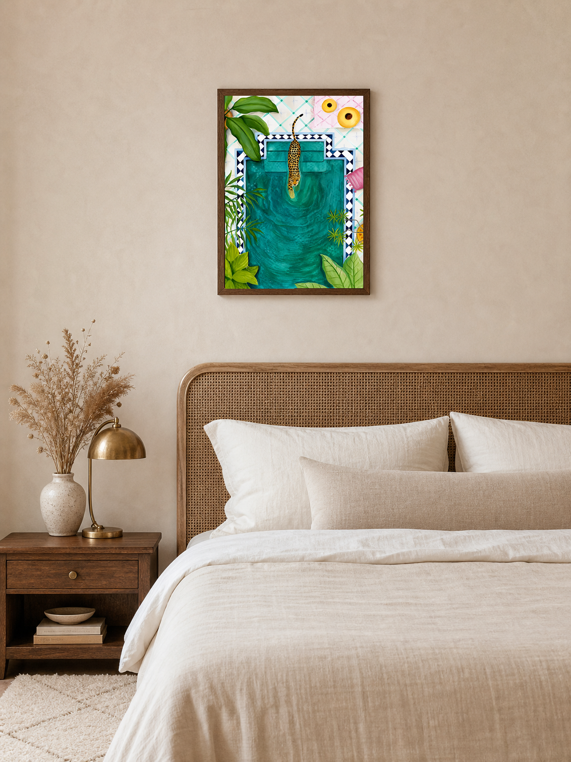 Leopard Poolside Tropical Wall Art Print - dark wood framed