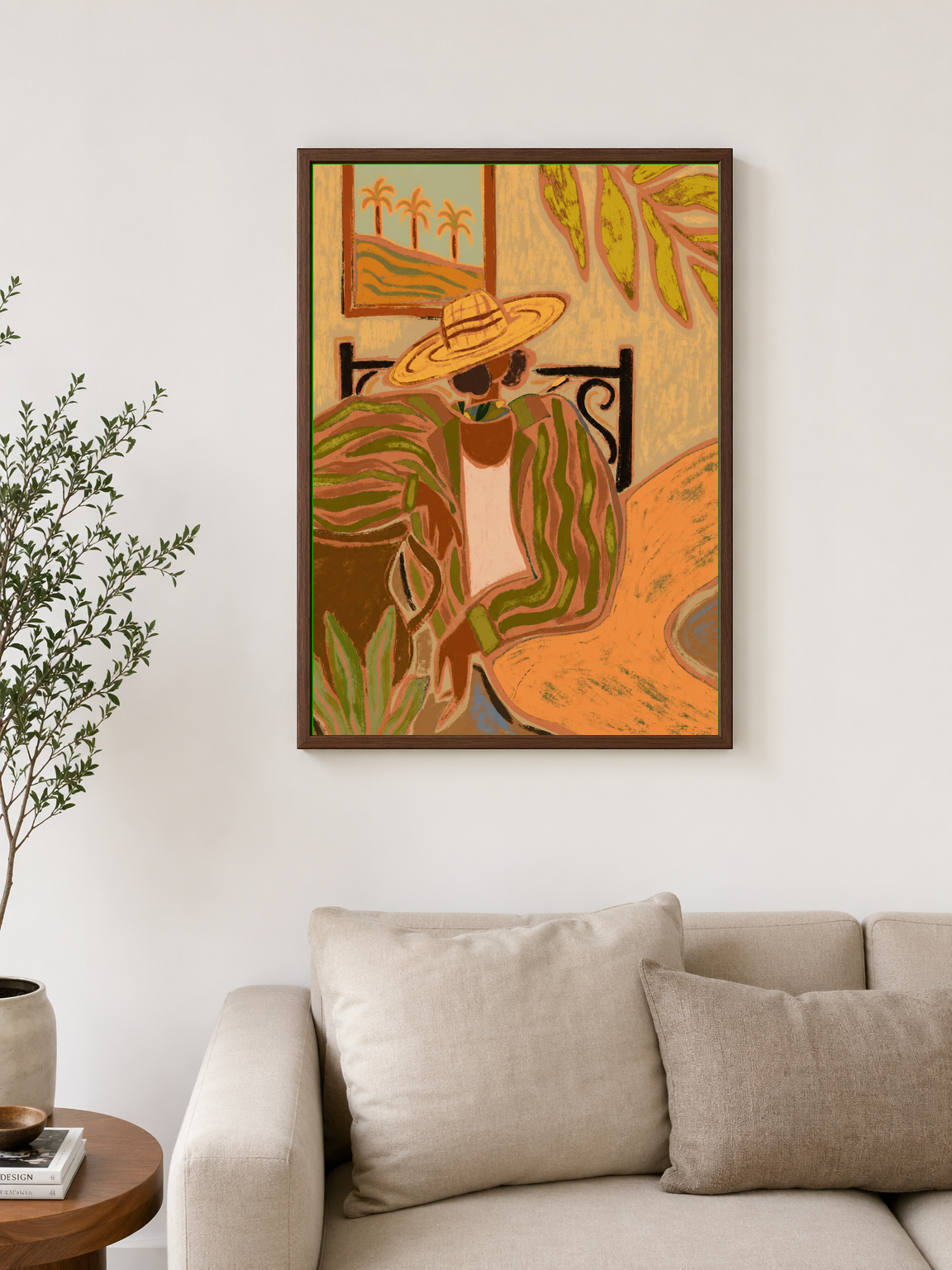 Tropical Woman in Hat Wall Art Print - dark wood framed
