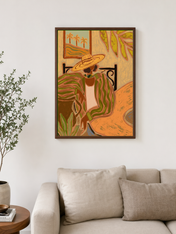 Tropical Woman in Hat Wall Art Print - dark wood framed