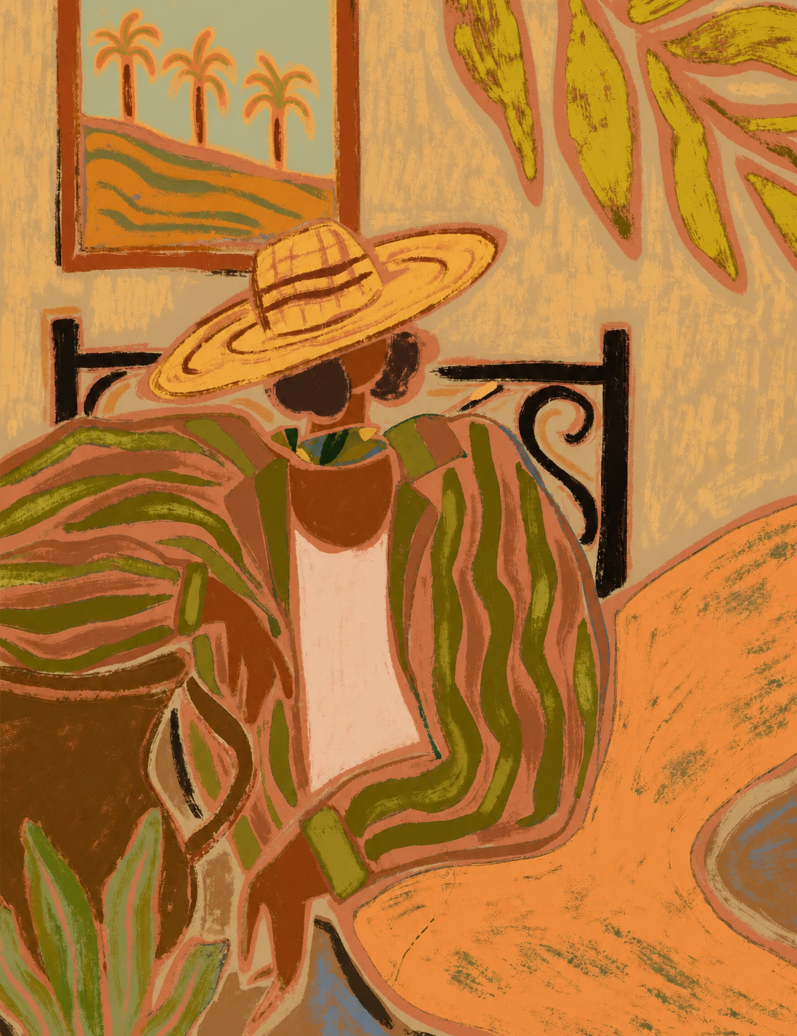 Tropical Woman in Hat Wall Art Print - unframed