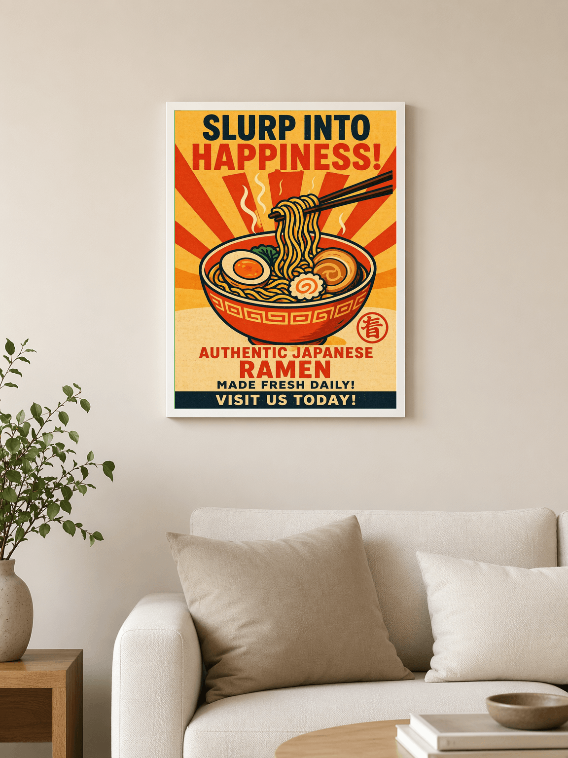 Slurp Into Happiness Japanese Ramen Wall Art Print - white framed