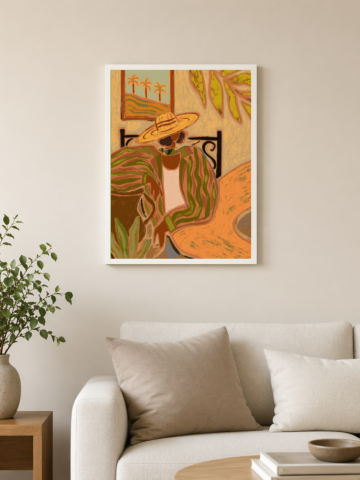 Tropical Woman in Hat Wall Art Print - white framed