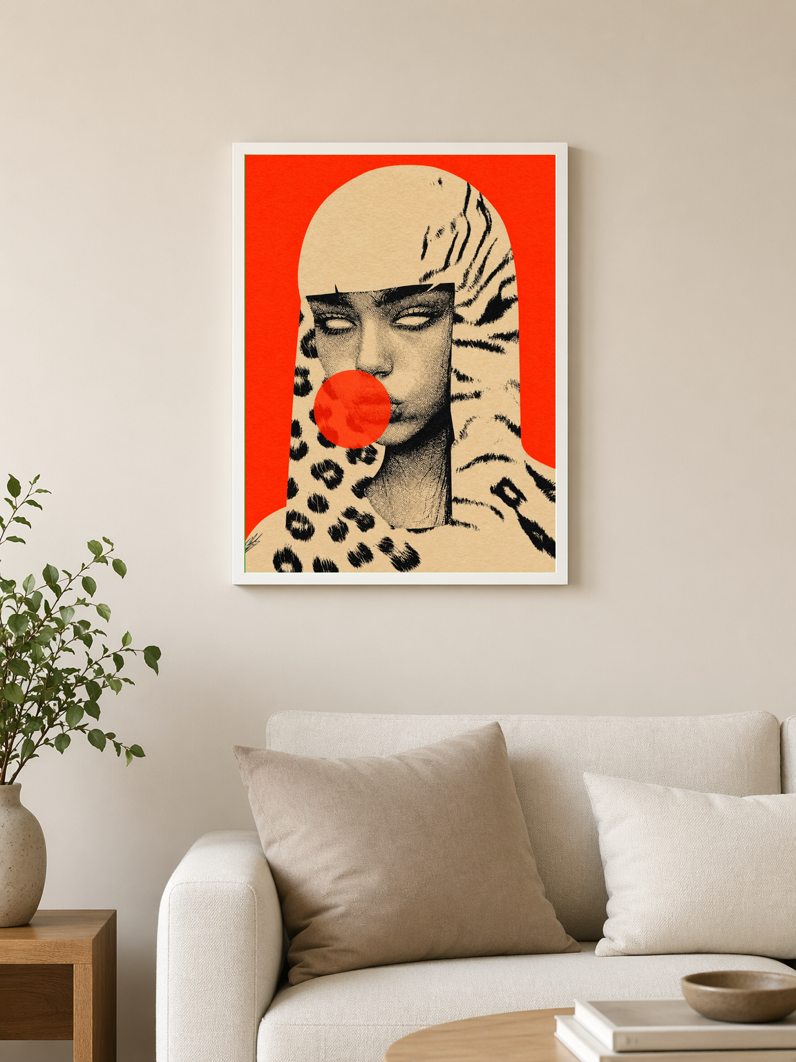 Pop Surreal Leopard Girl Wall Art Print - white framed
