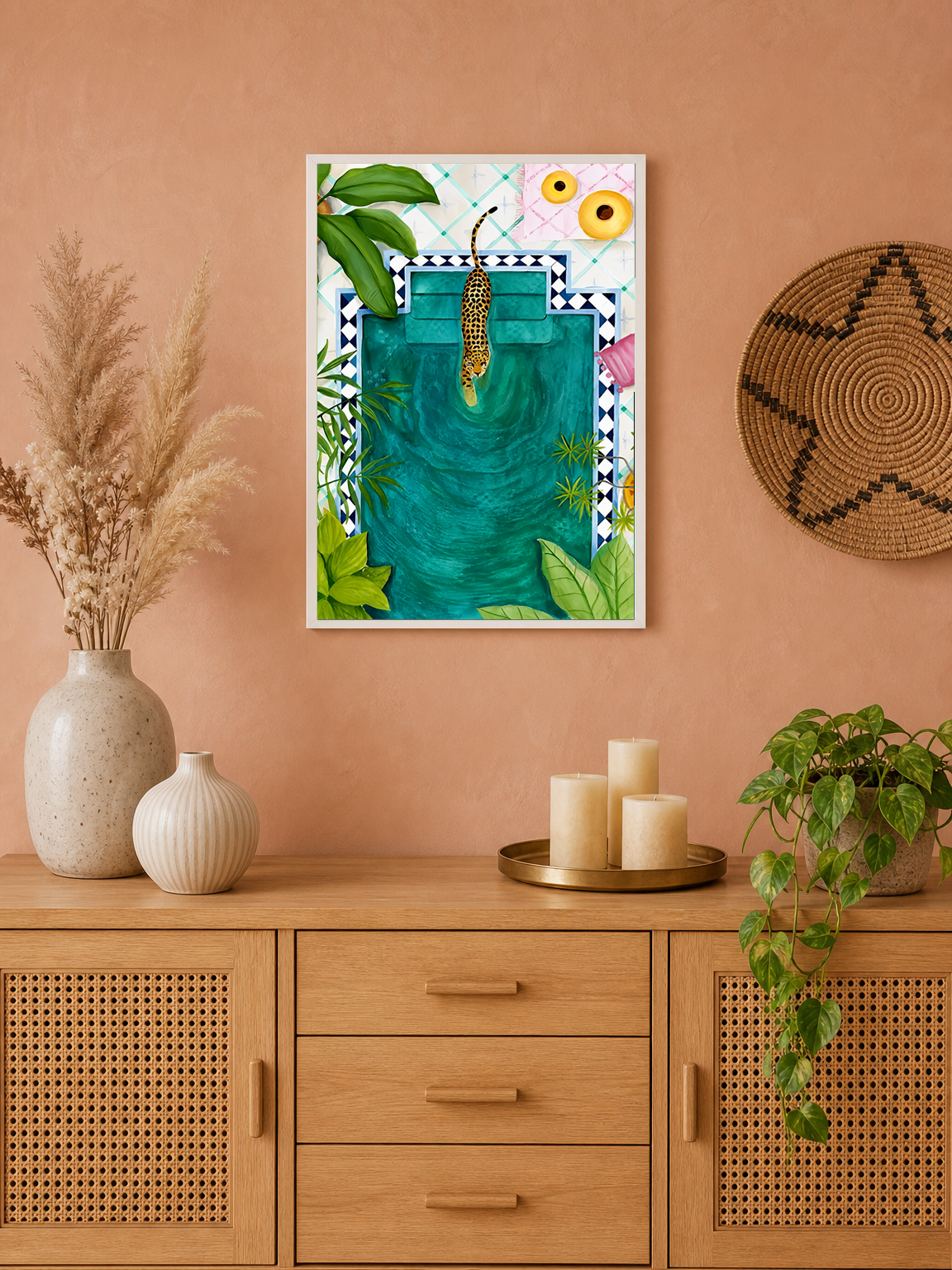 Leopard Poolside Tropical Wall Art Print - white framed