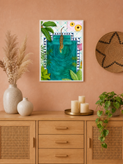Leopard Poolside Tropical Wall Art Print - white framed