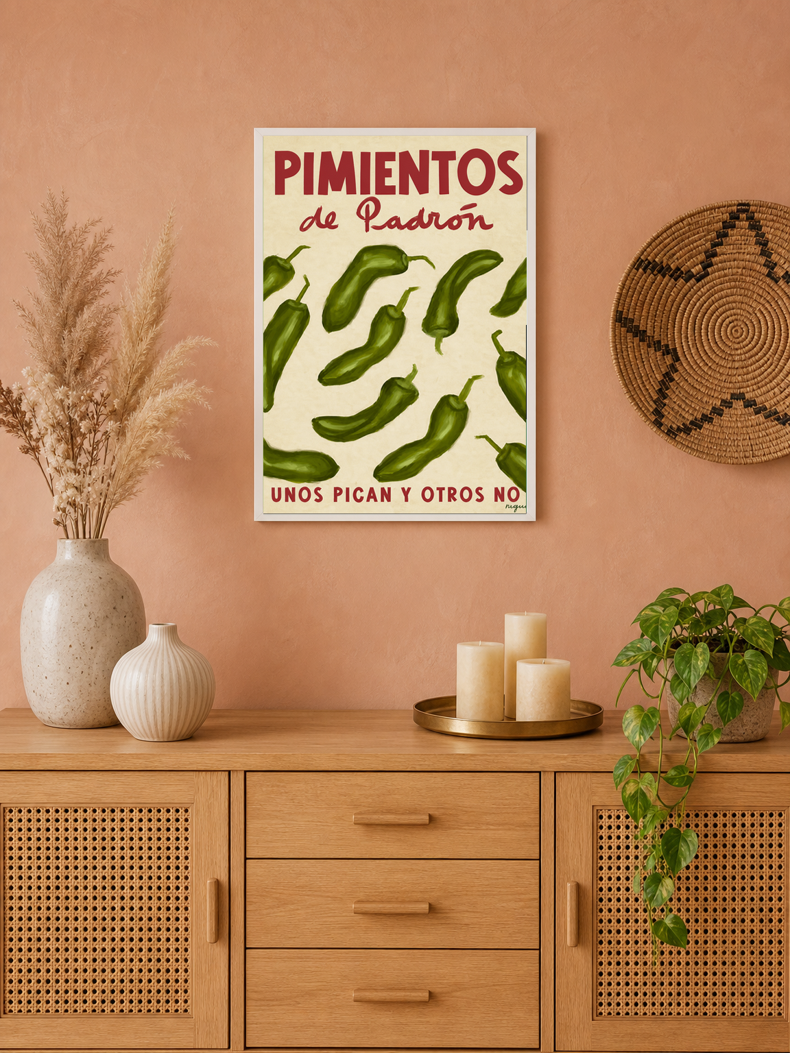 Pimientos de Padrón Kitchen Wall Art Print - white framed