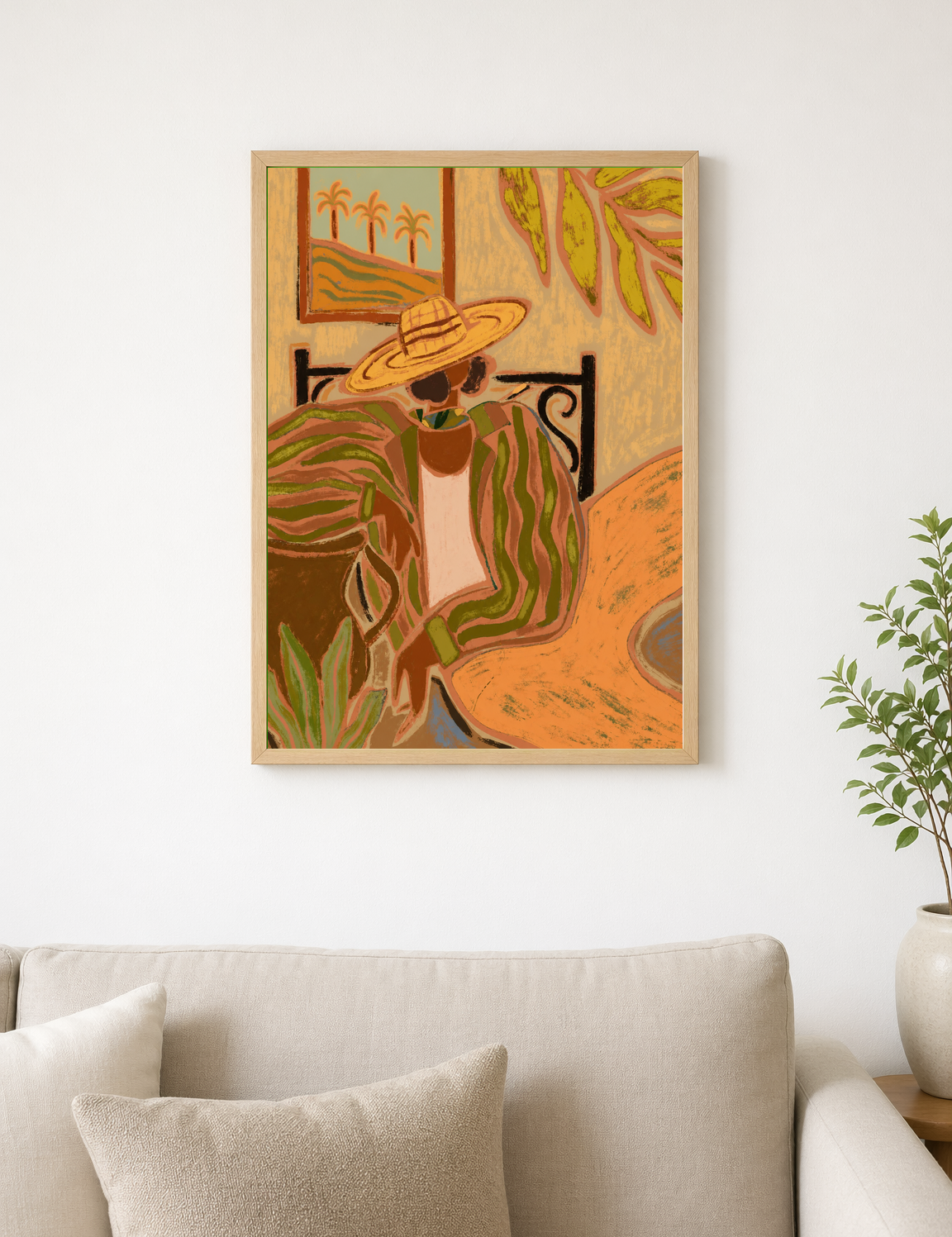 Tropical Woman in Hat Wall Art Print - wood framed poster