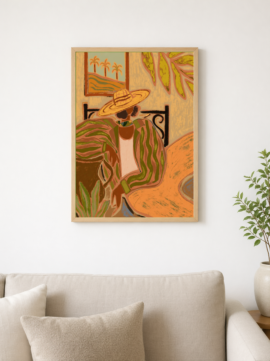 Tropical Woman in Hat Wall Art Print - wood framed poster
