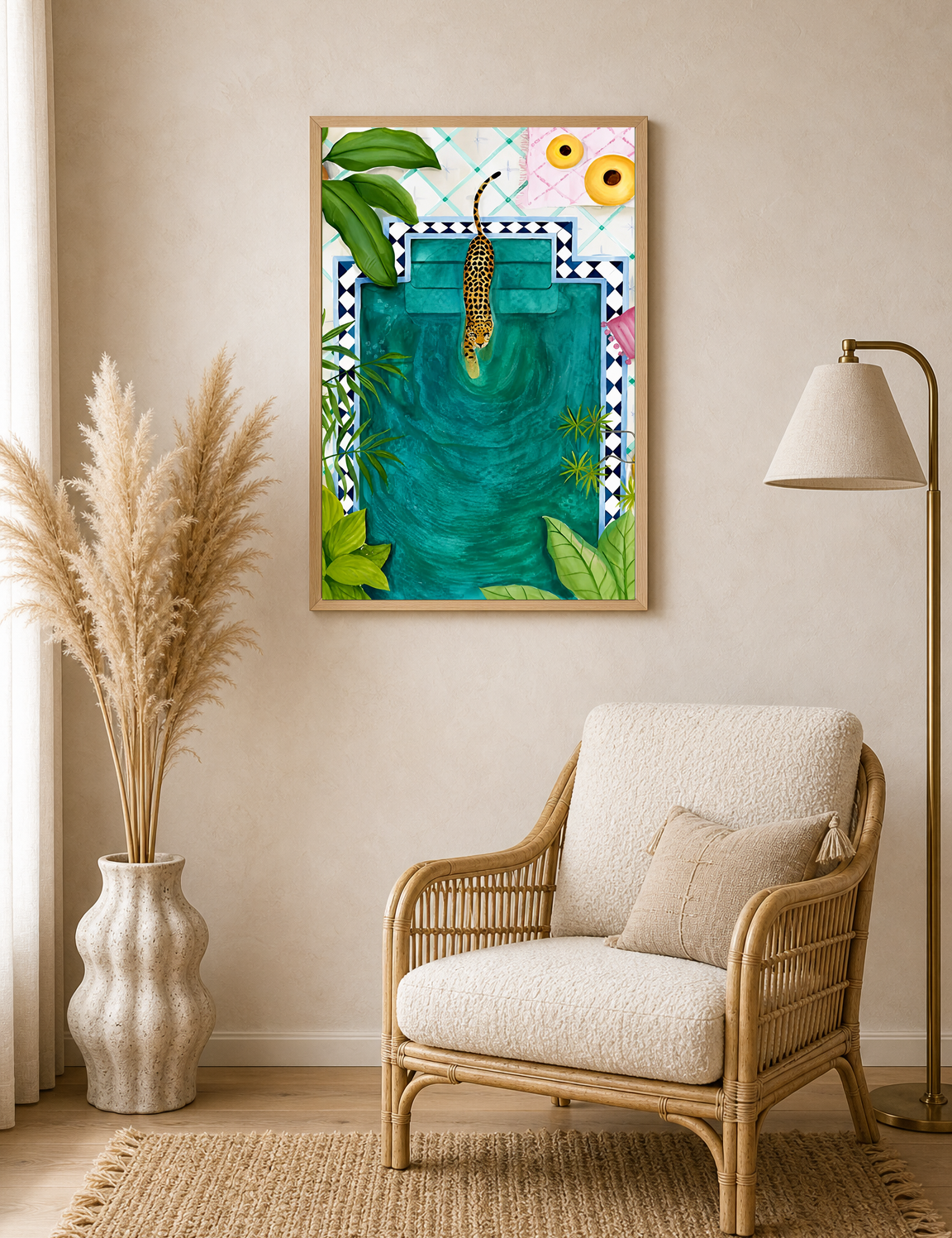 Leopard Poolside Tropical Wall Art Print - wood framed poster