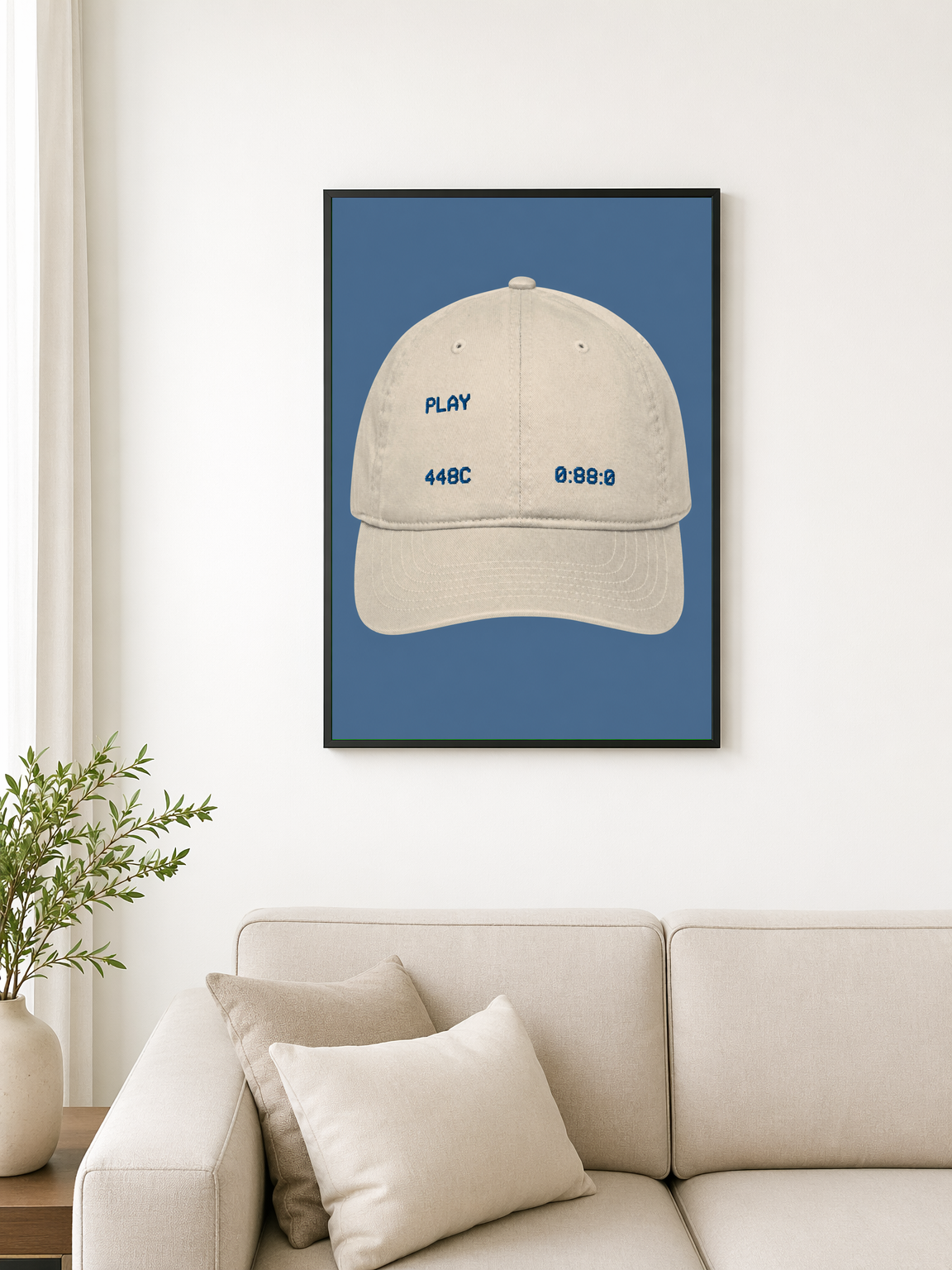 Minimalist Beige Baseball Cap Wall Art Print - black framed