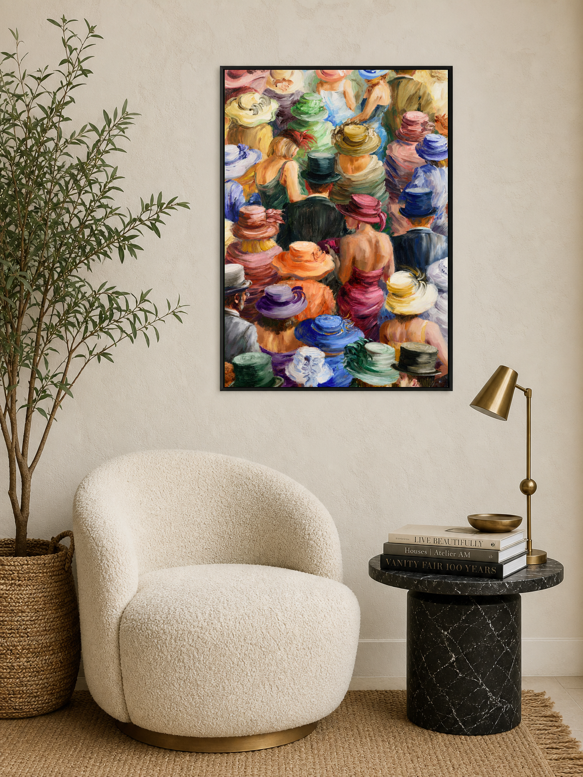 Colorful Crowd in Hats Wall Art Print - black framed