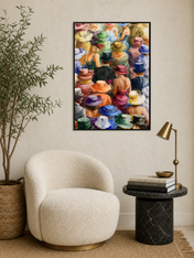 Colorful Crowd in Hats Wall Art Print - black framed