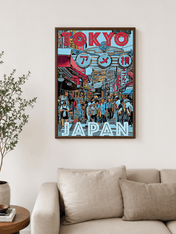 Tokyo Street Market Japan Travel Wall Art Print - dark wood framed