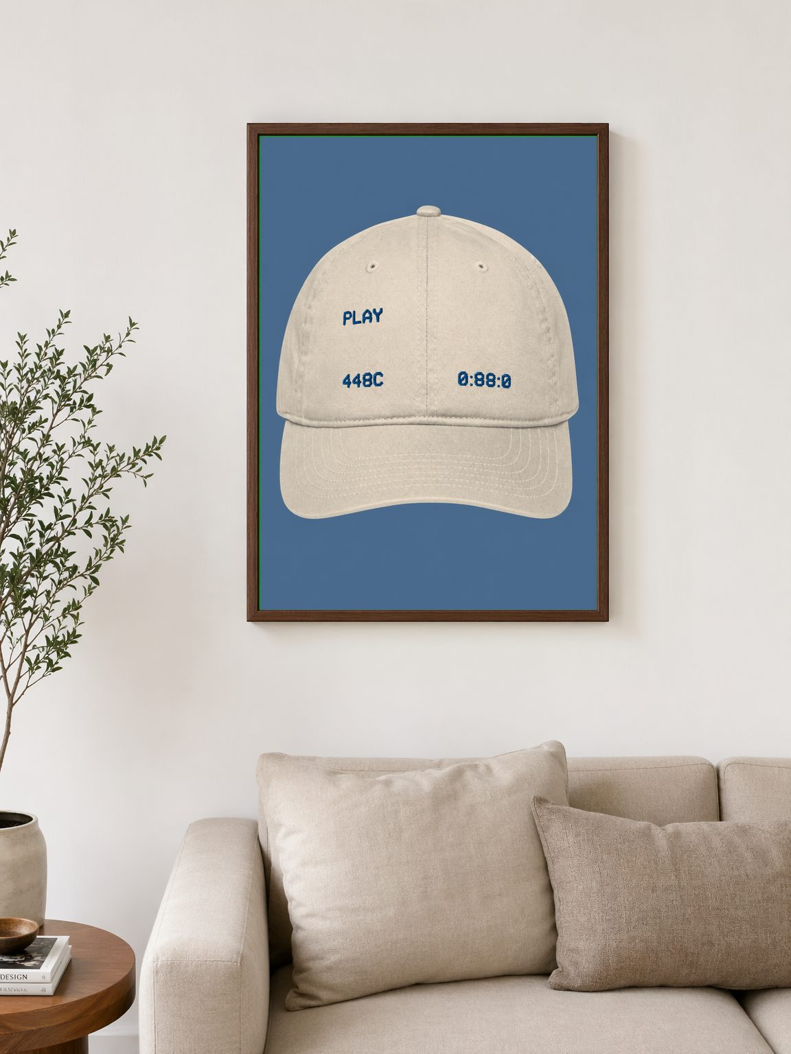 Minimalist Beige Baseball Cap Wall Art Print - dark wood framed