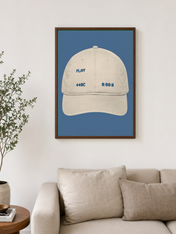 Minimalist Beige Baseball Cap Wall Art Print - dark wood framed