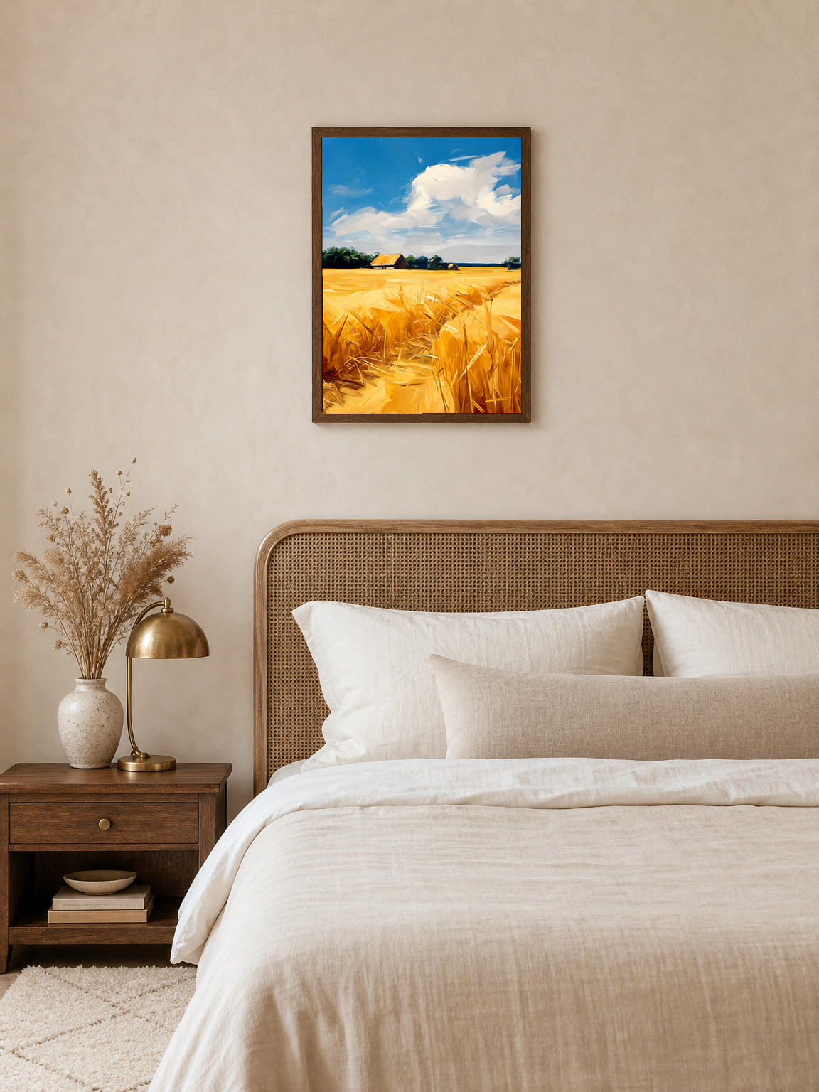 Golden Wheat Field Landscape Wall Art Print - dark wood framed