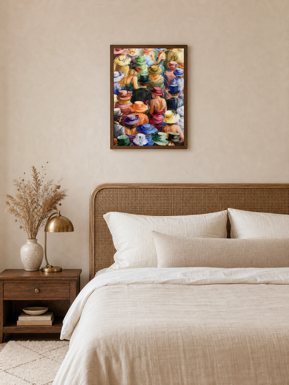Colorful Crowd in Hats Wall Art Print - dark wood framed